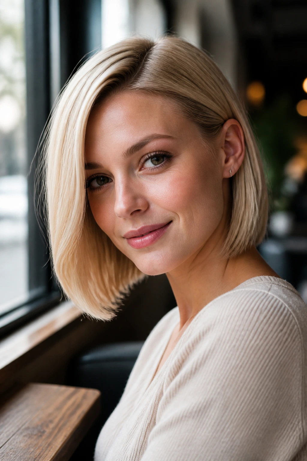 Portrait of a real woman with a sleek pearl blonde tucked-behind-the-ear bob
