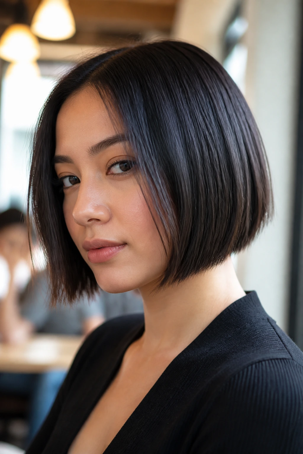 Close-up portrait of a real woman wearing a sleek bob with point-cut ends and a subtle bend at the tips.