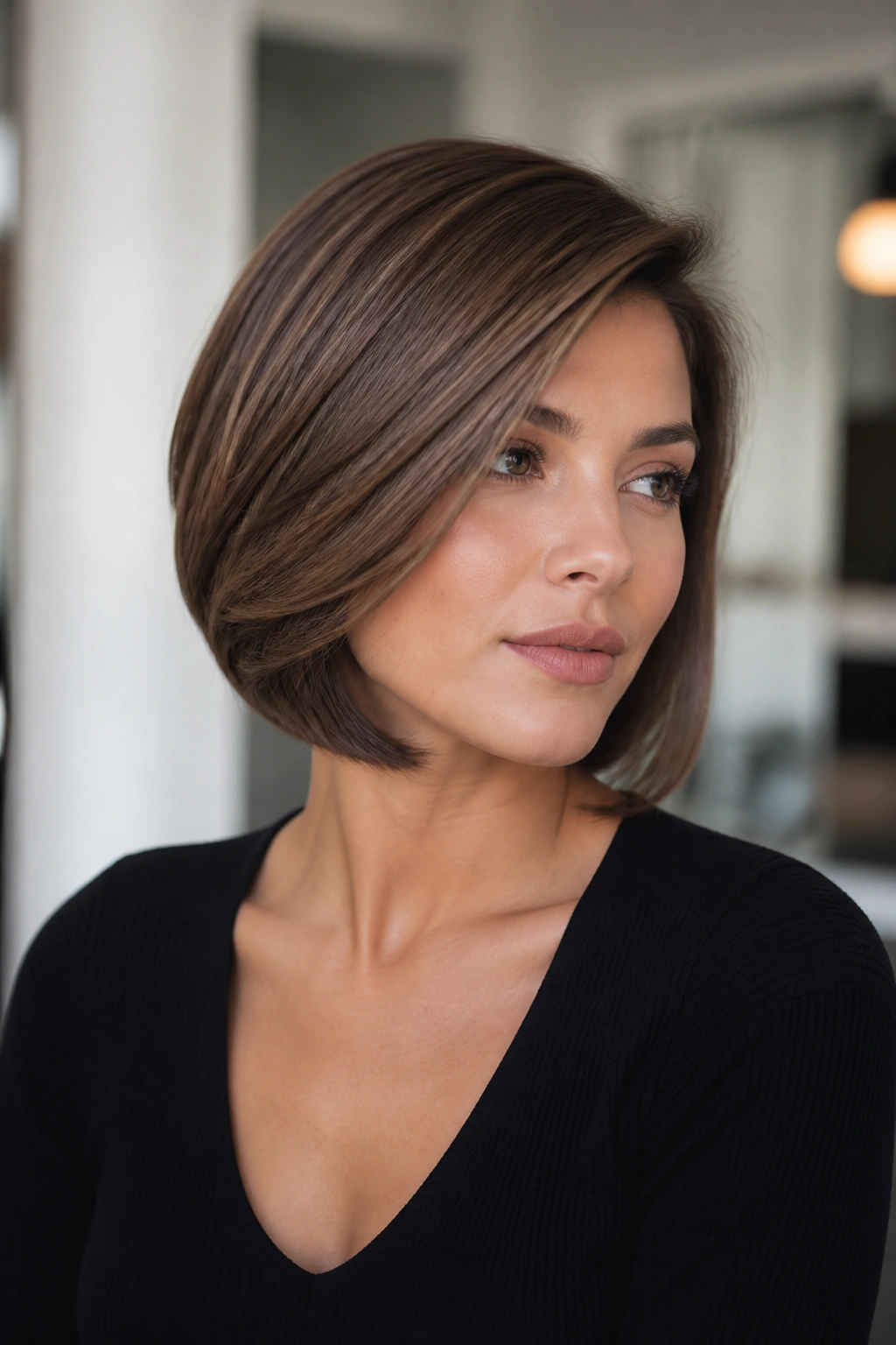 Portrait of a real woman with a sleek side-parted layered bob.