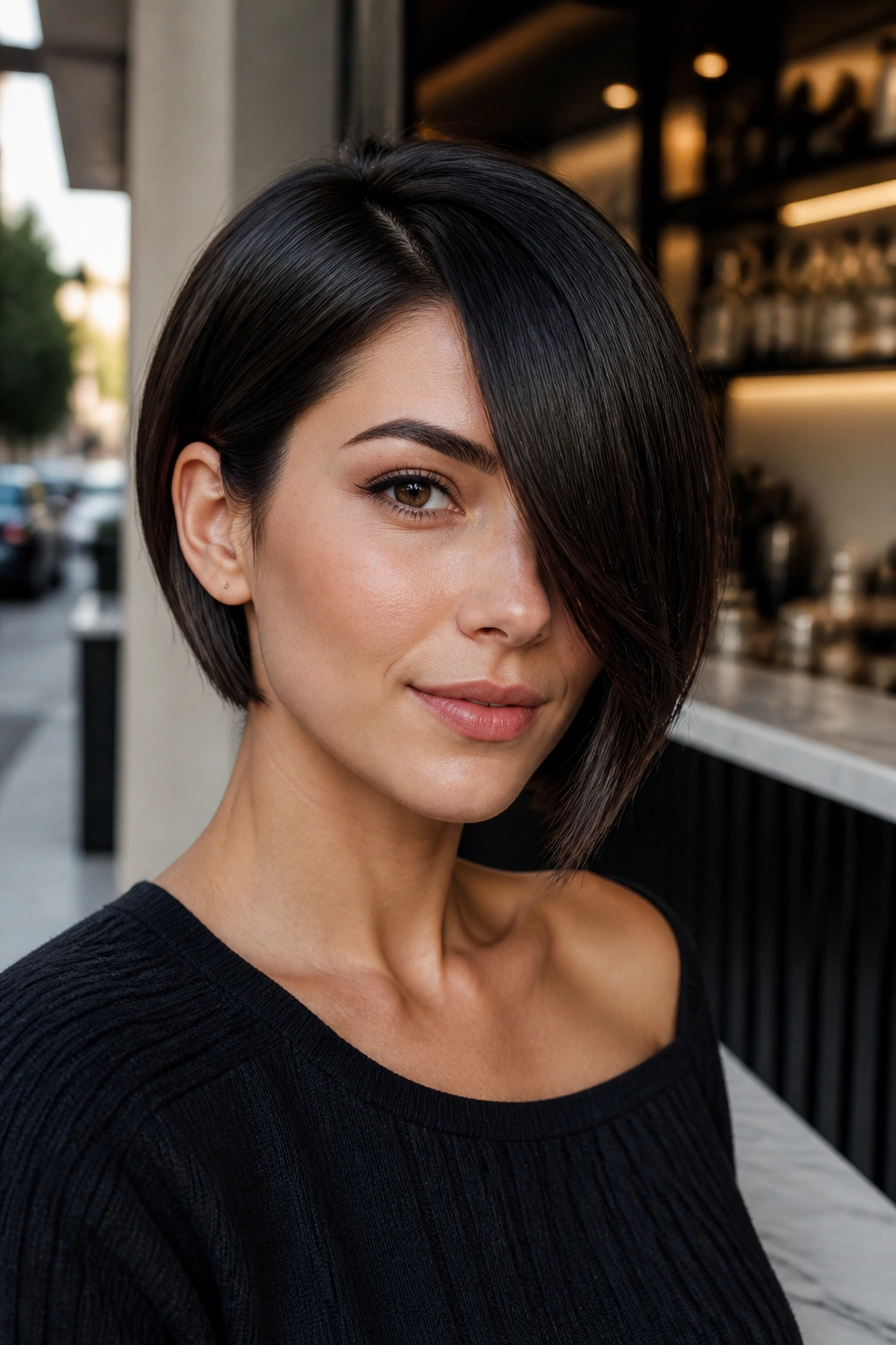 Real woman with sleek bob and long side-sweep in chic cafe