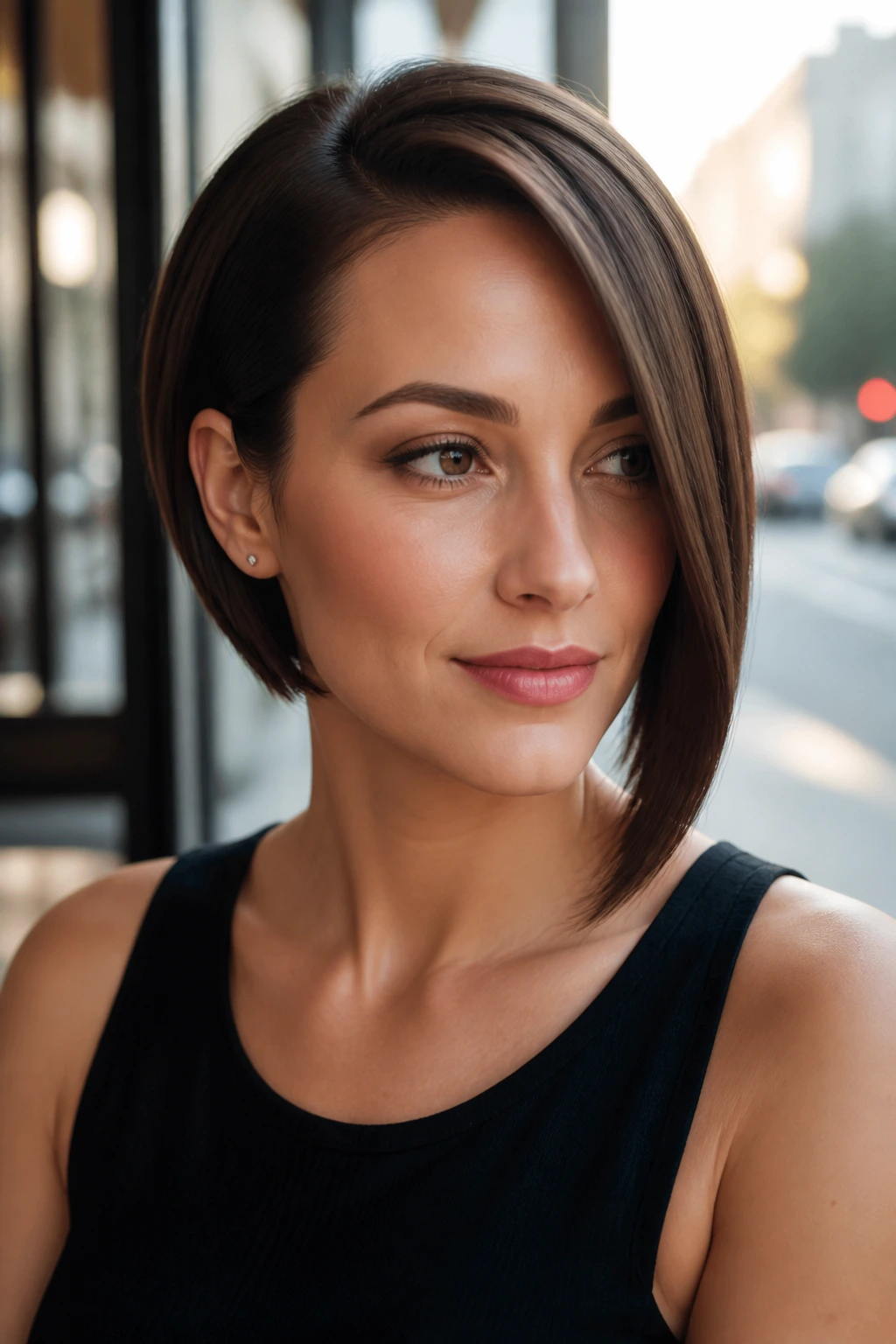 Close-up of a woman with a sleek side-swept bob at a cafe window