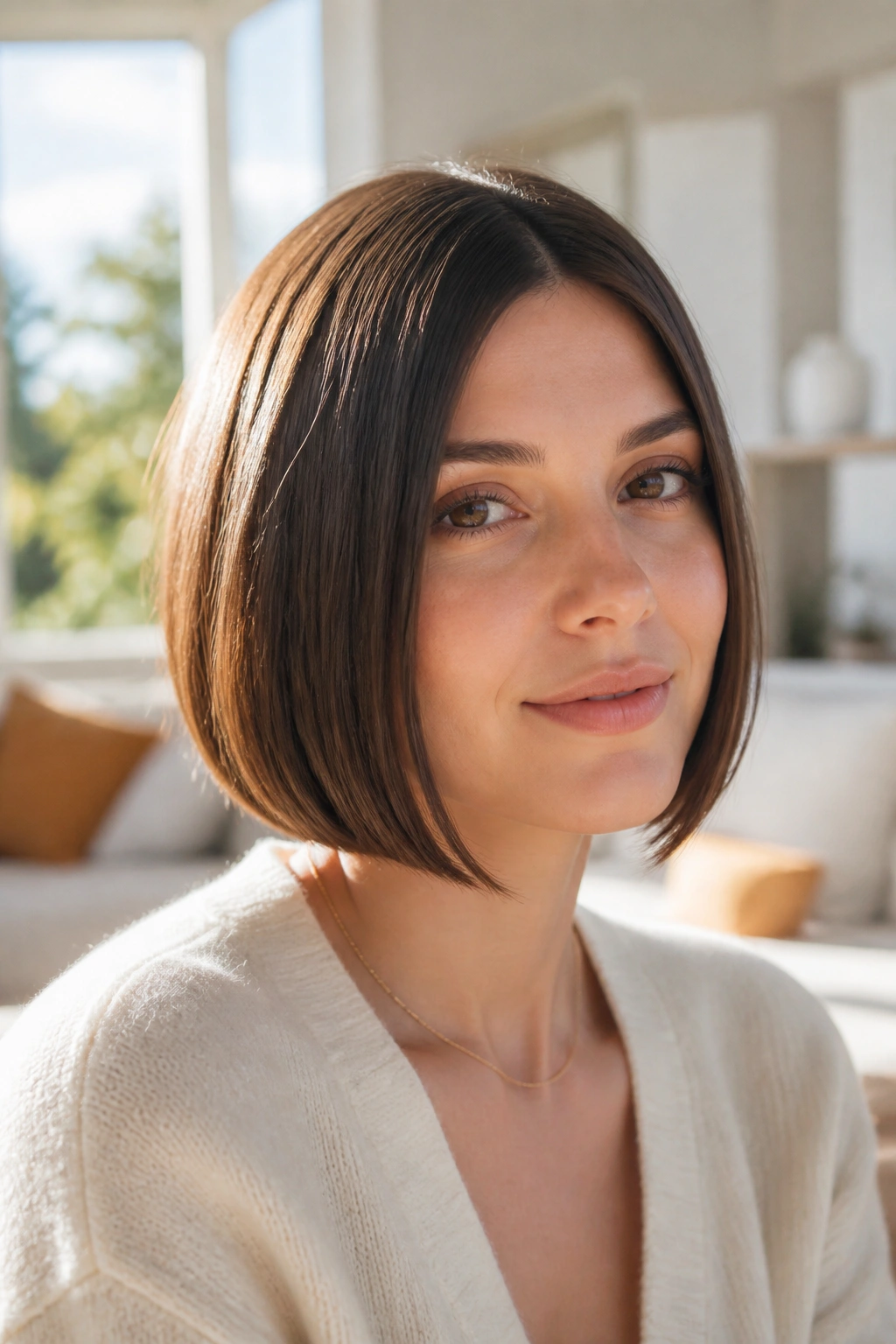 Close-up portrait of a real woman with a sleek straight bob in natural window light