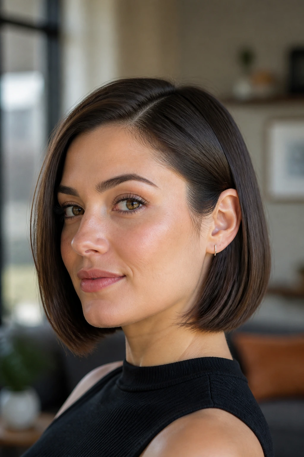 Close-up portrait of a real woman with a sleek bob tucked behind one ear in natural window light