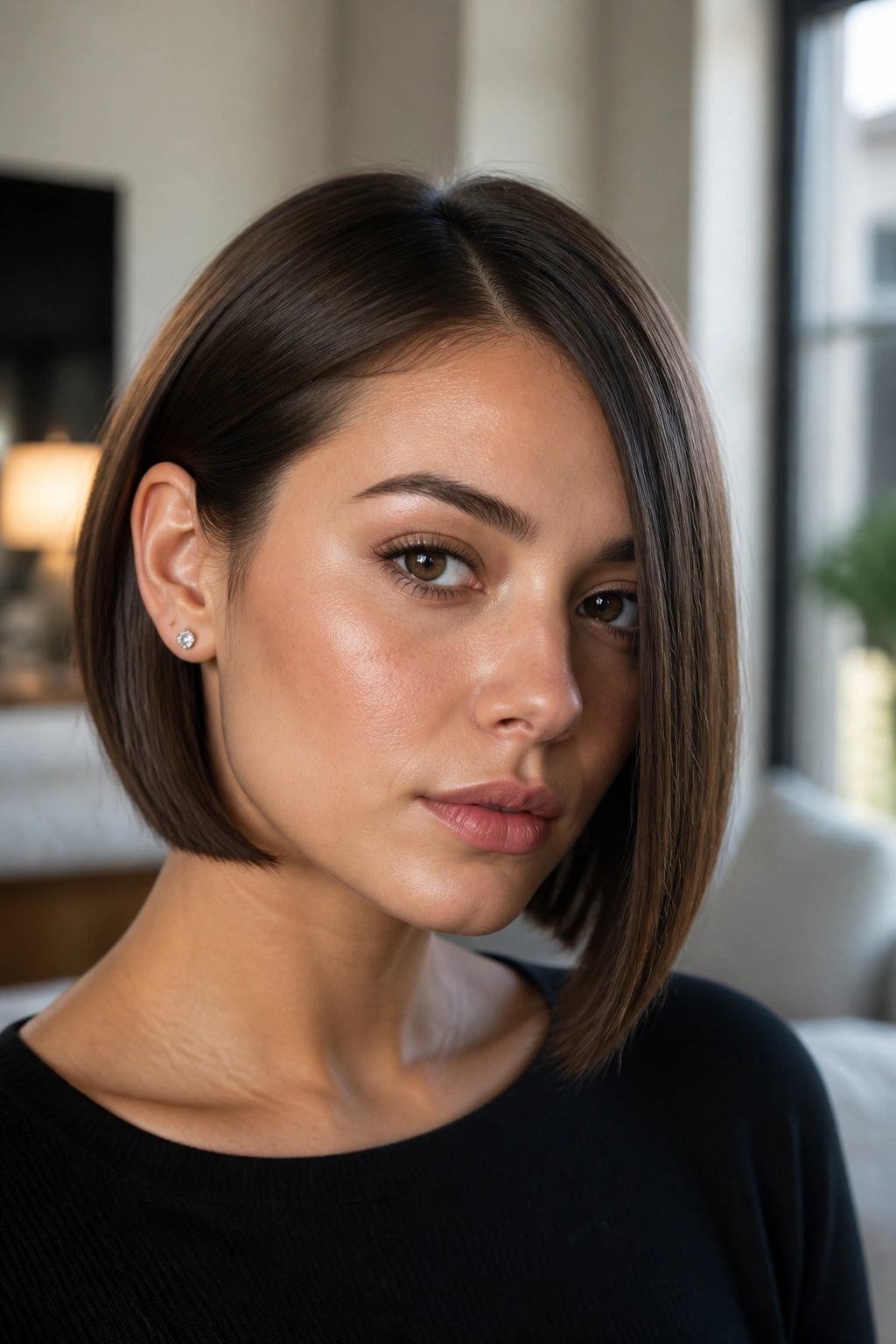 Real person with a sleek jaw-skimming bob tucked on one side.