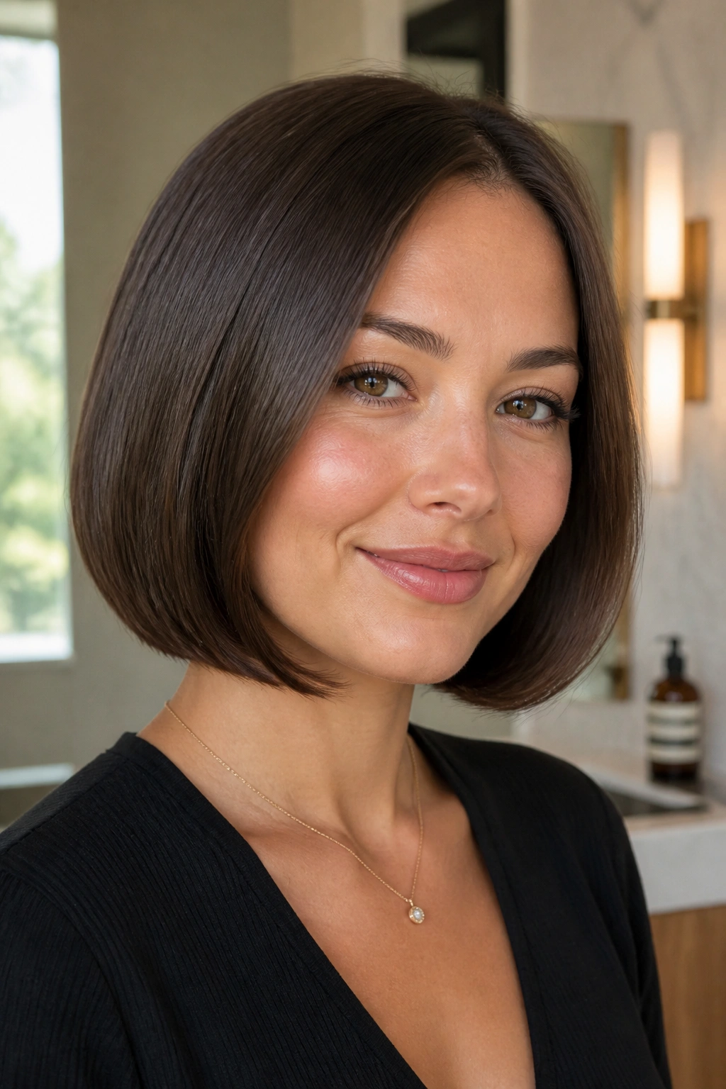 Close-up of a woman with a sleek tucked-under bob in warm natural light