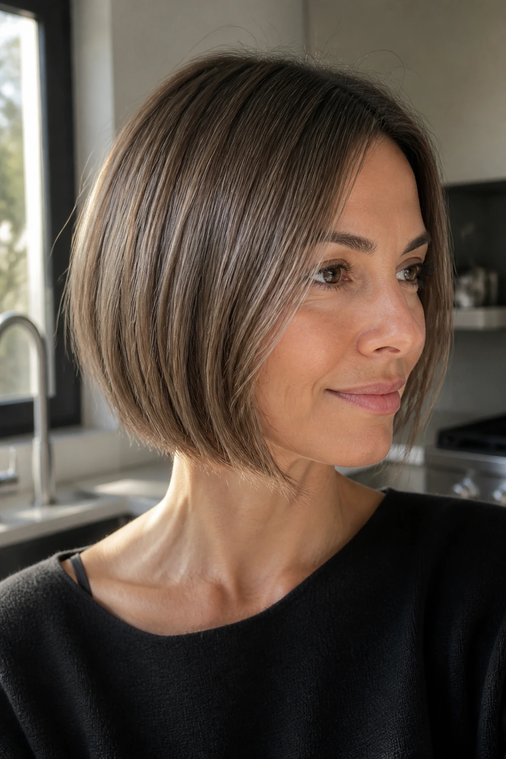 Close-up portrait of a real woman with a sleek bob and undone finish