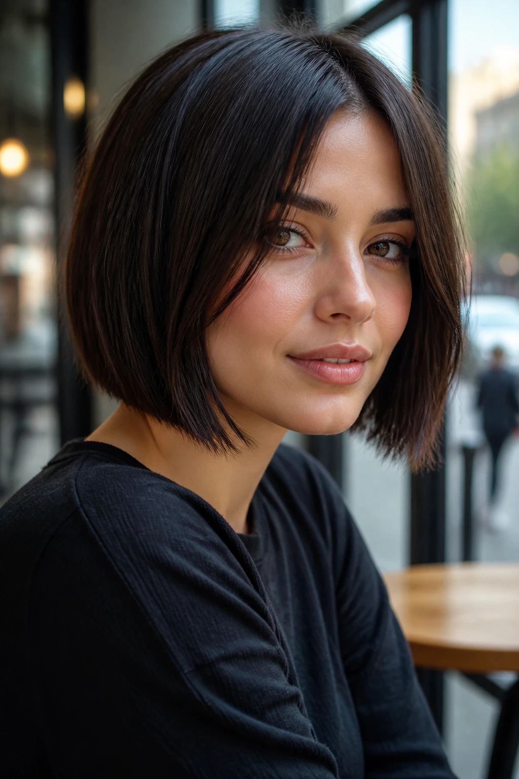 Close-up portrait of a real woman with a sleek straight bob and wispy ends