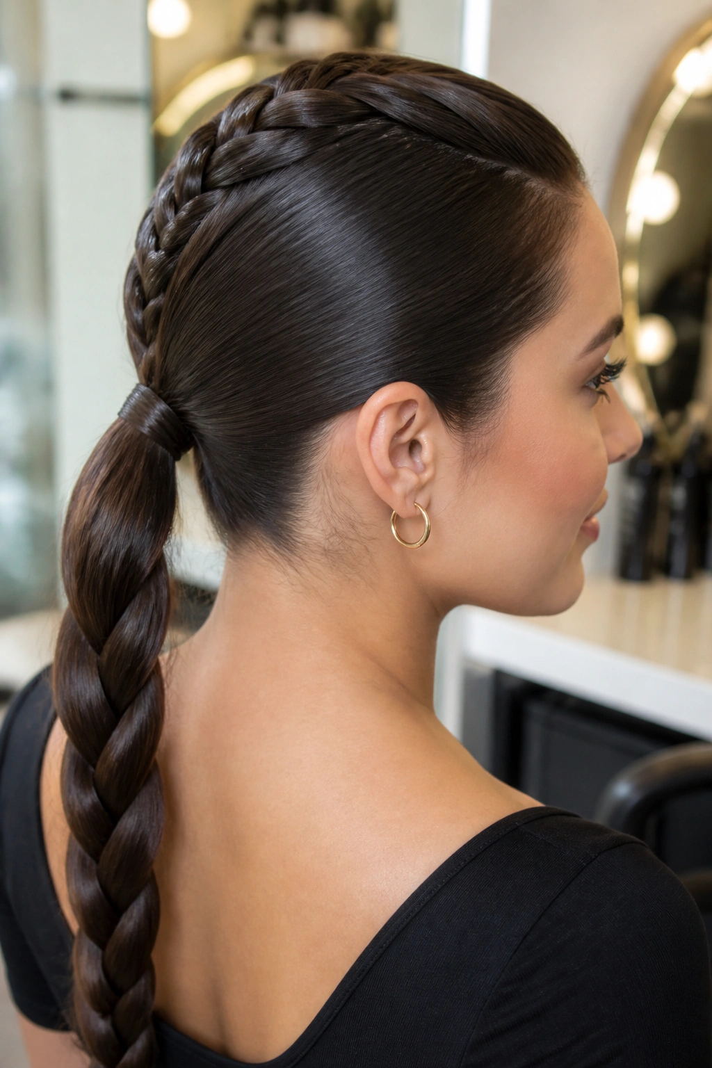 Close-up portrait of a real woman with a sleek braided ponytail in a modern salon