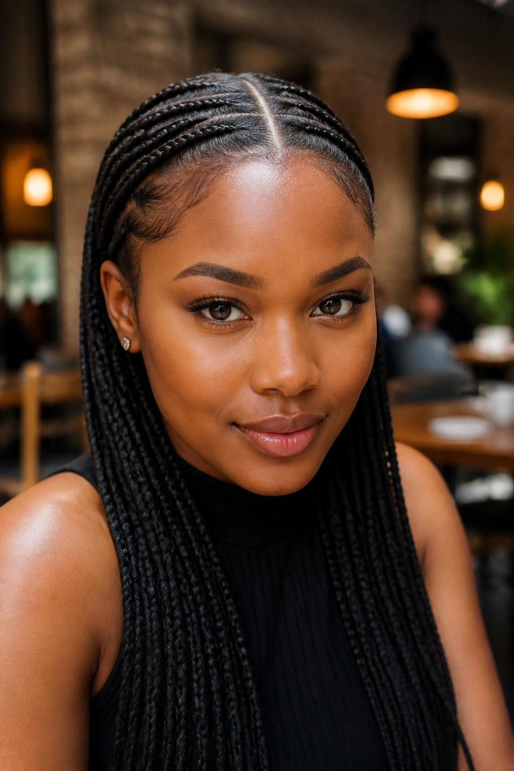 Real woman with sleek braids and middle part in cafe setting