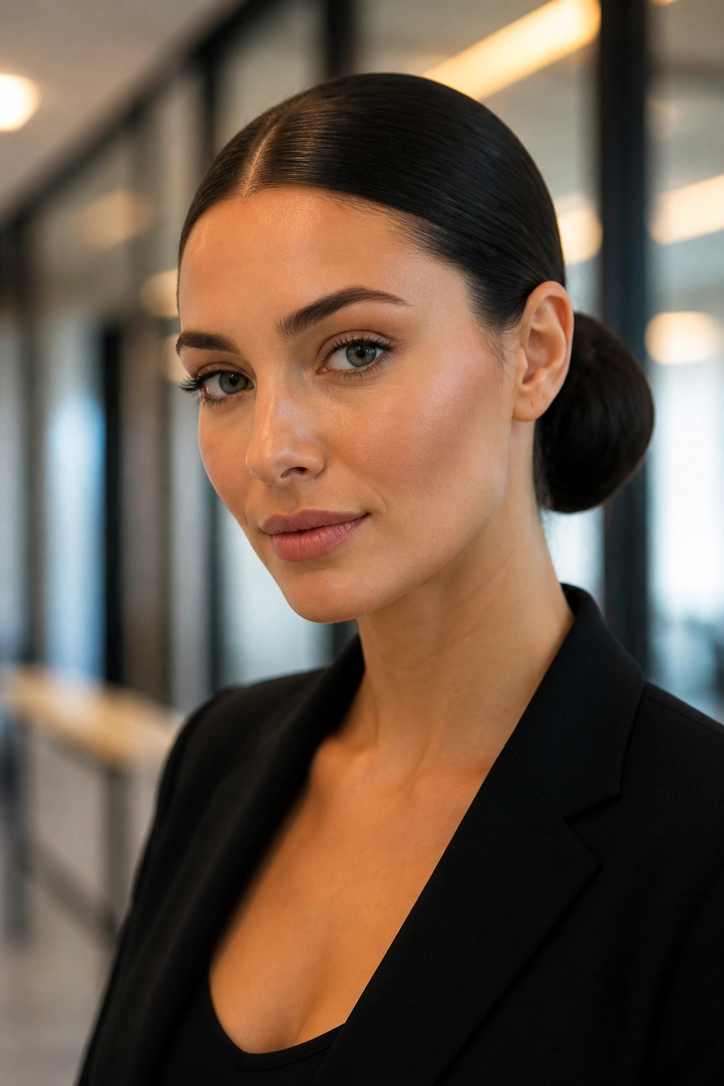 Portrait of real woman's sleek low bun at nape in office