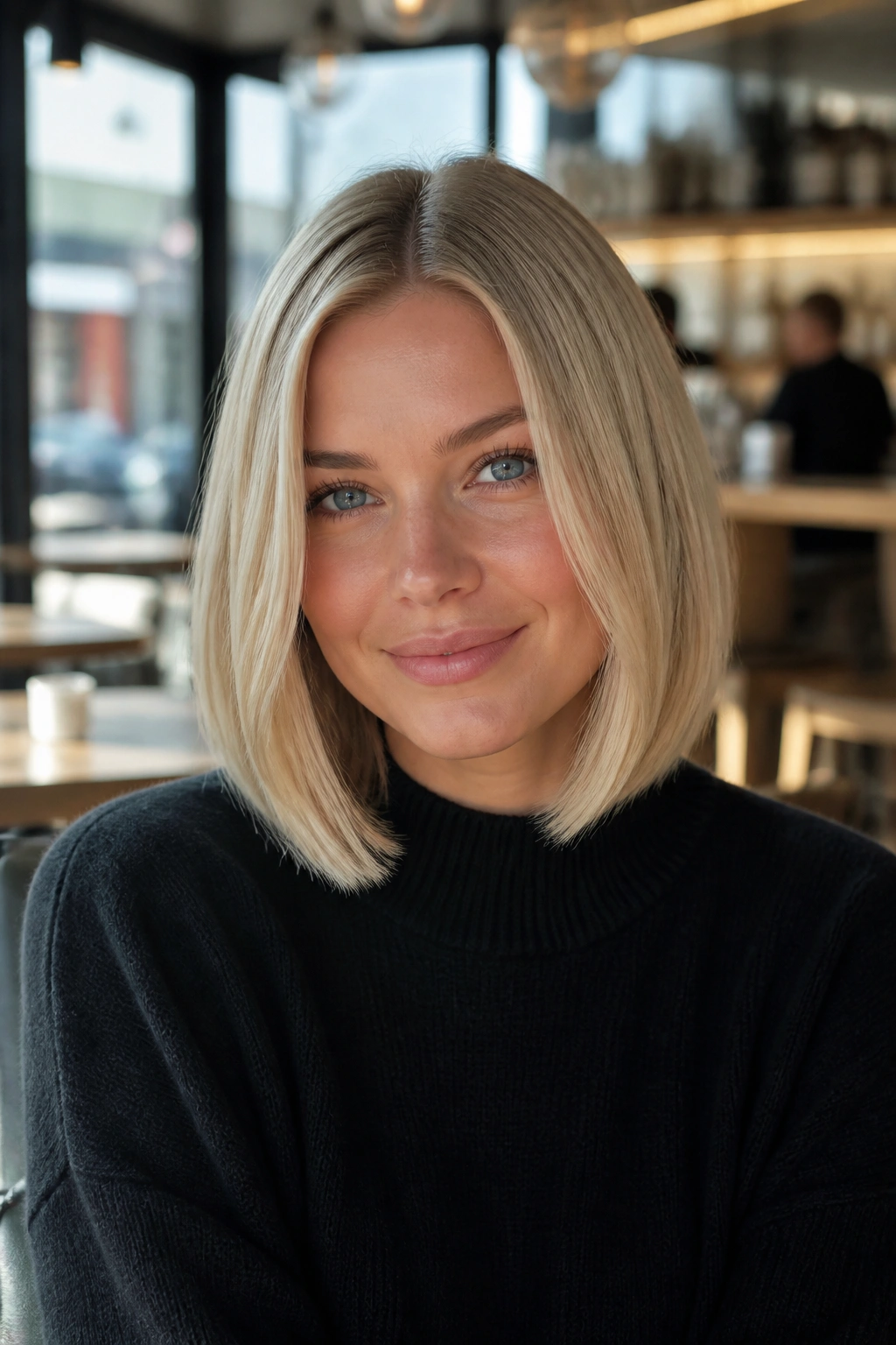 Close-up of a real woman with a sleek center-parted blonde lob in daylight