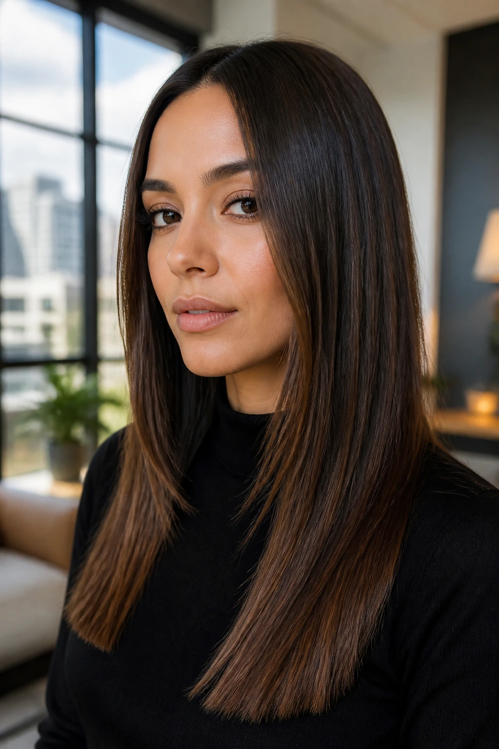Close-up portrait of a real woman with sleek center-part long layers and blunt ends