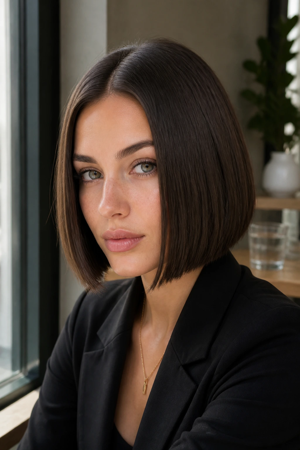 Brunette with sleek center-part bob close-up portrait.