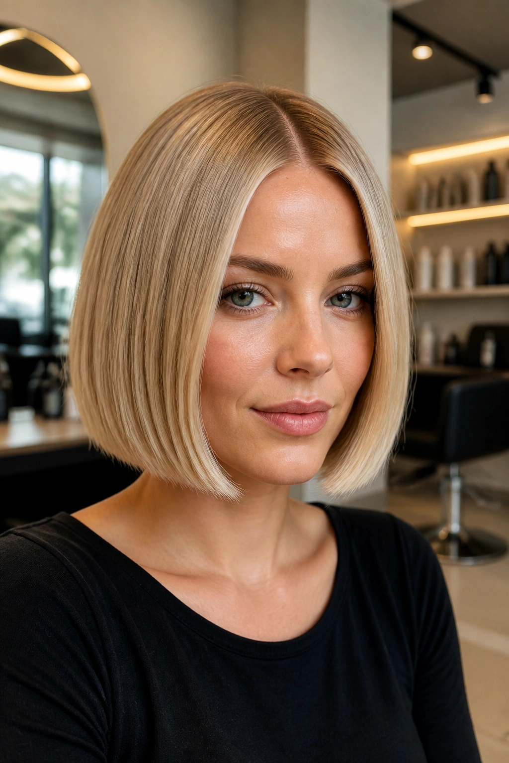 Close-up of a real woman with a sleek center-part blonde bob and glossy finish