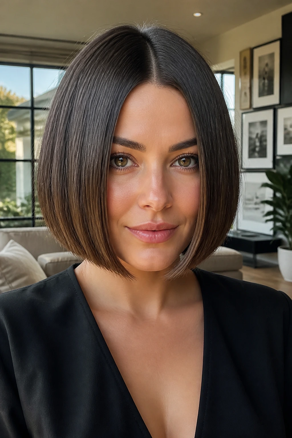 Portrait of a woman with a sleek center-part bob in a bright living room