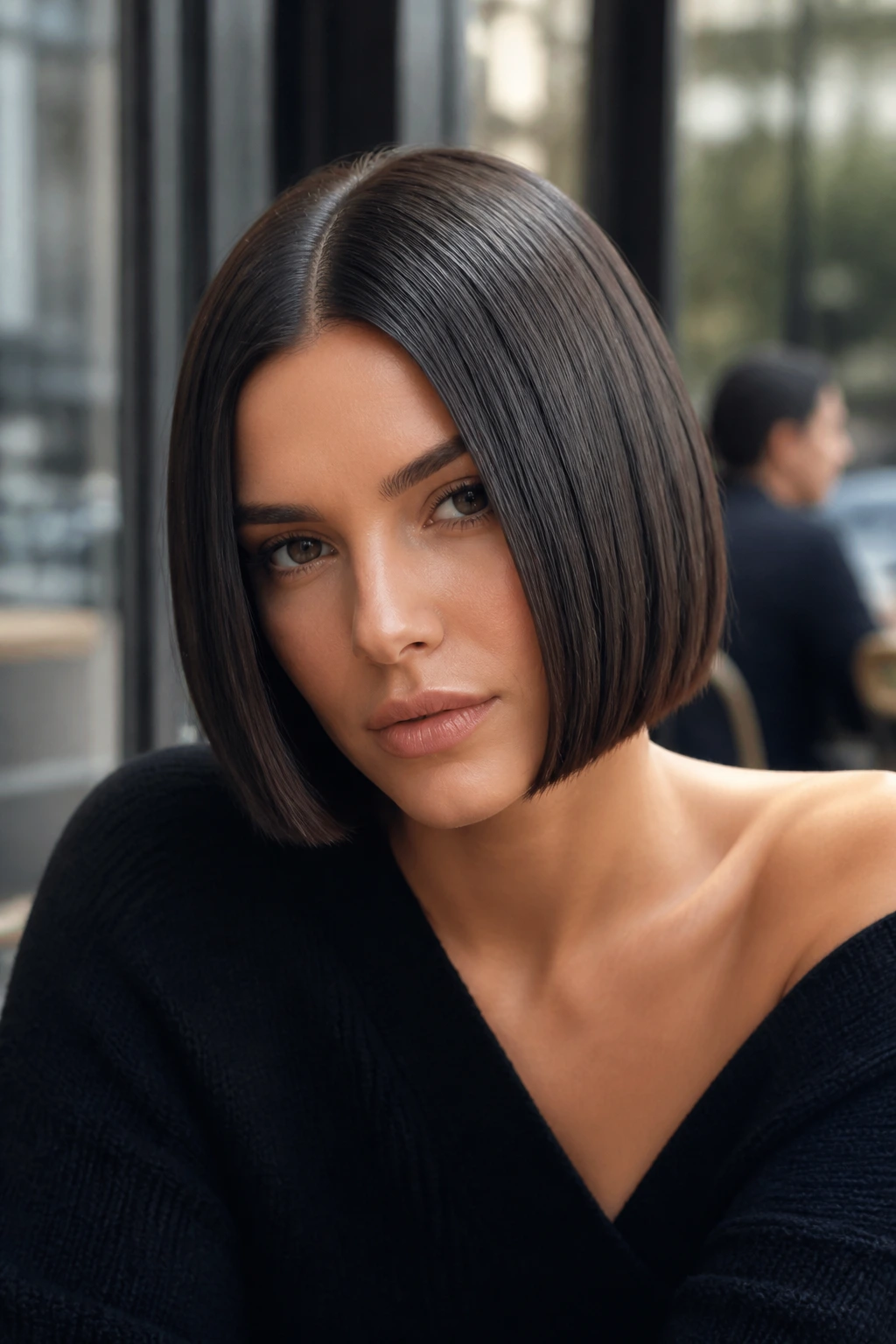 Close-up portrait of a woman with a sleek center-part bob