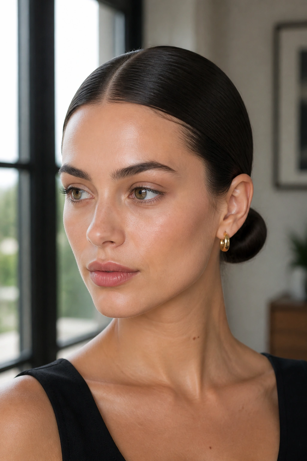 Close-up of a real woman with a center-part and sleek low bun