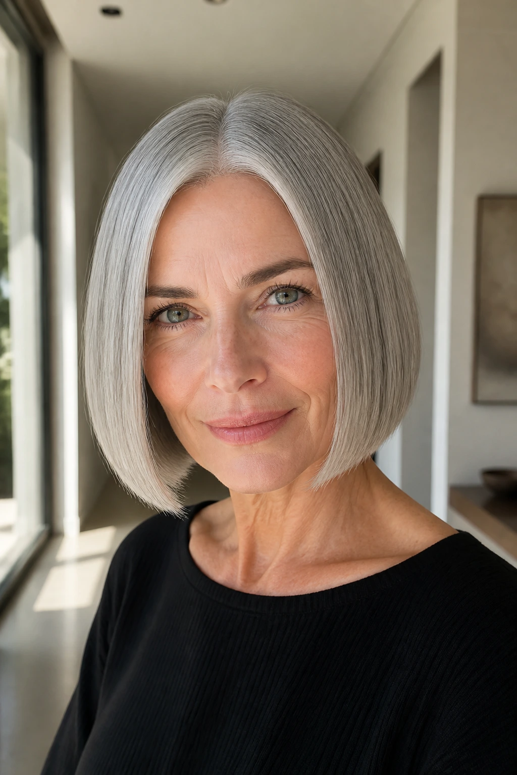 Close-up portrait of a real woman with a sleek center-part bob on grey hair