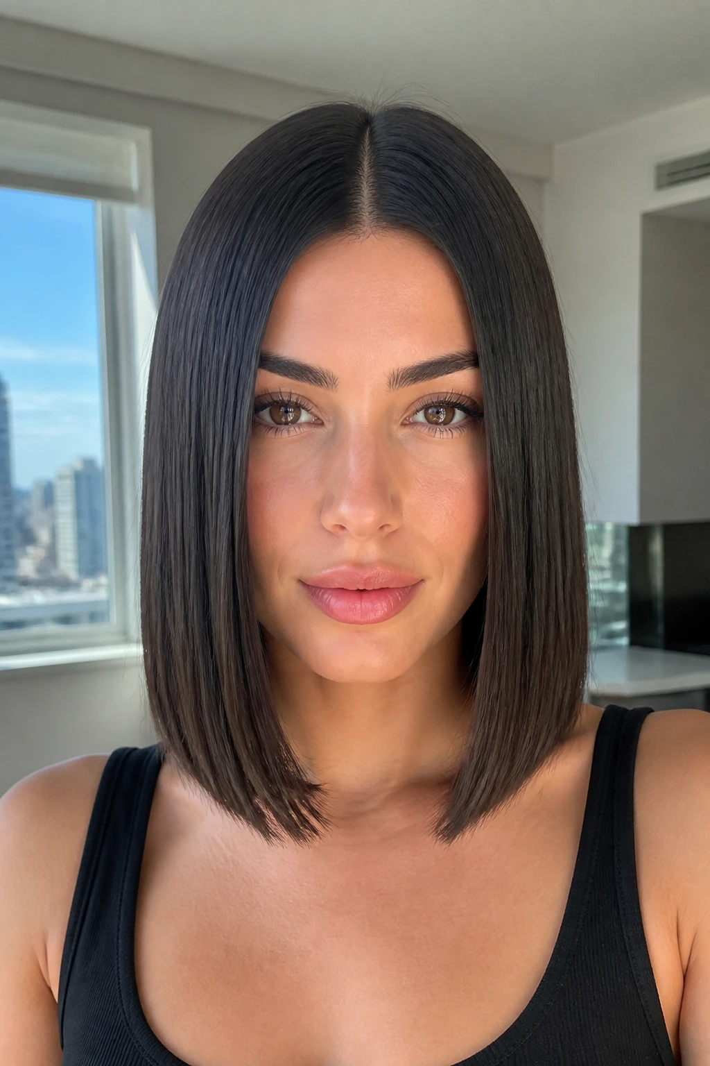 Real woman with sleek center-part lob and blunt, high-shine ends in a close-up portrait.