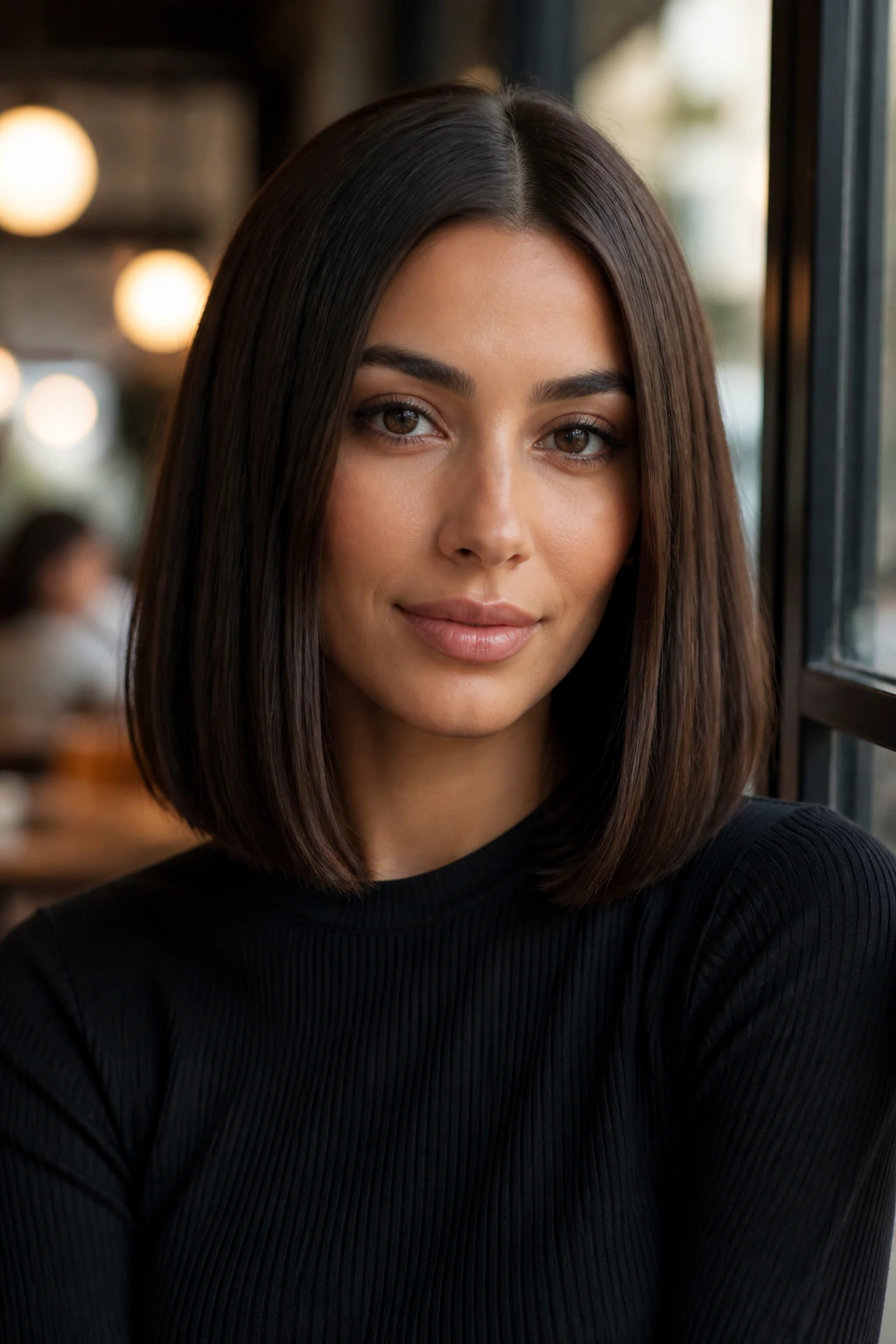 Portrait of a woman with a sleek center-part lob in soft cafe light