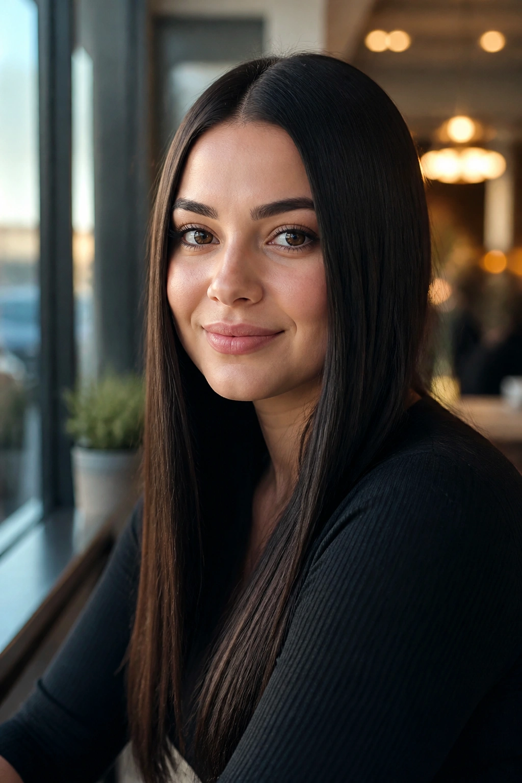 Portrait of a real woman with sleek center-part long hair near a cafe window