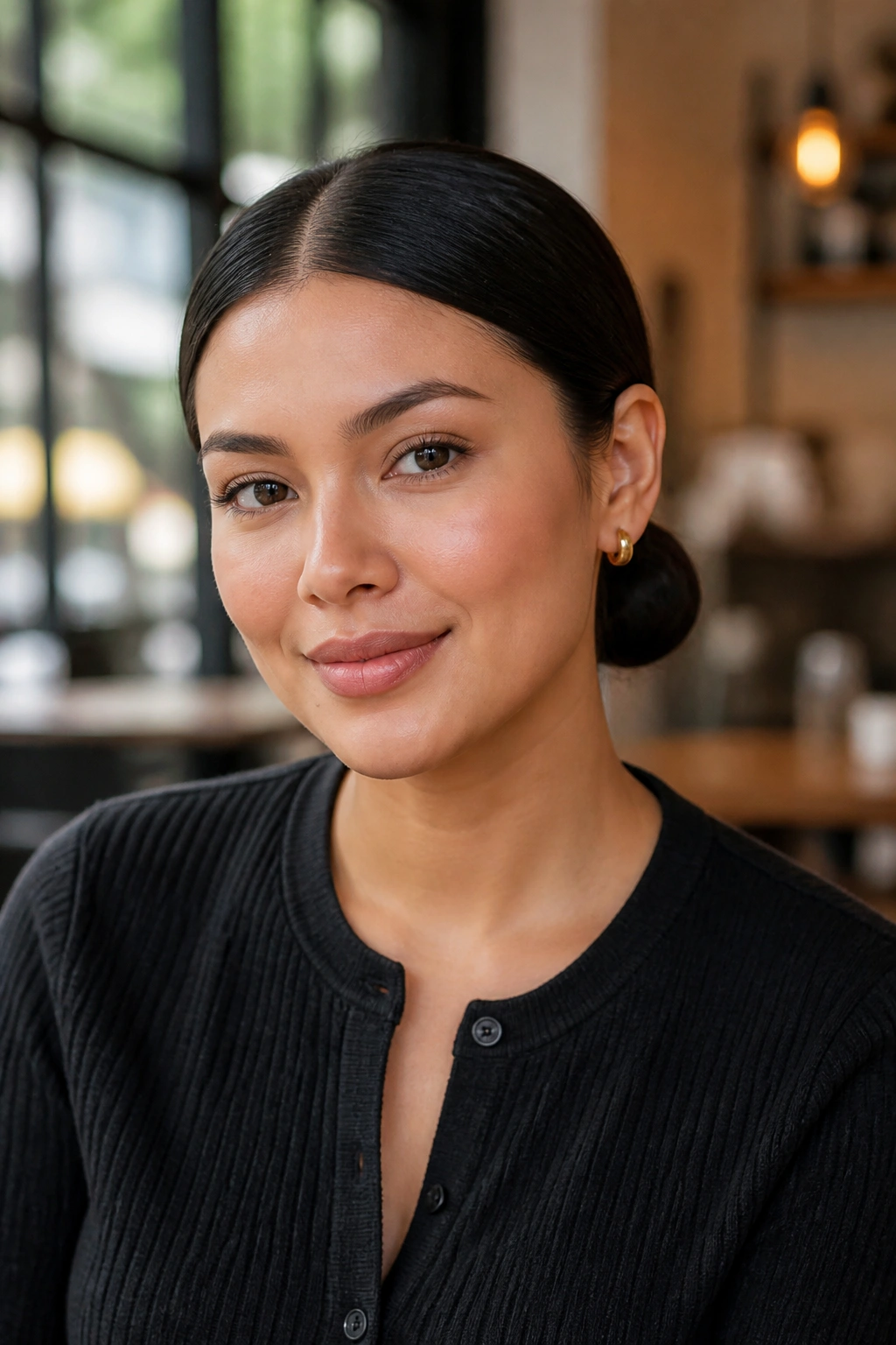 Real woman with a sleek center-part and low bun at the nape.