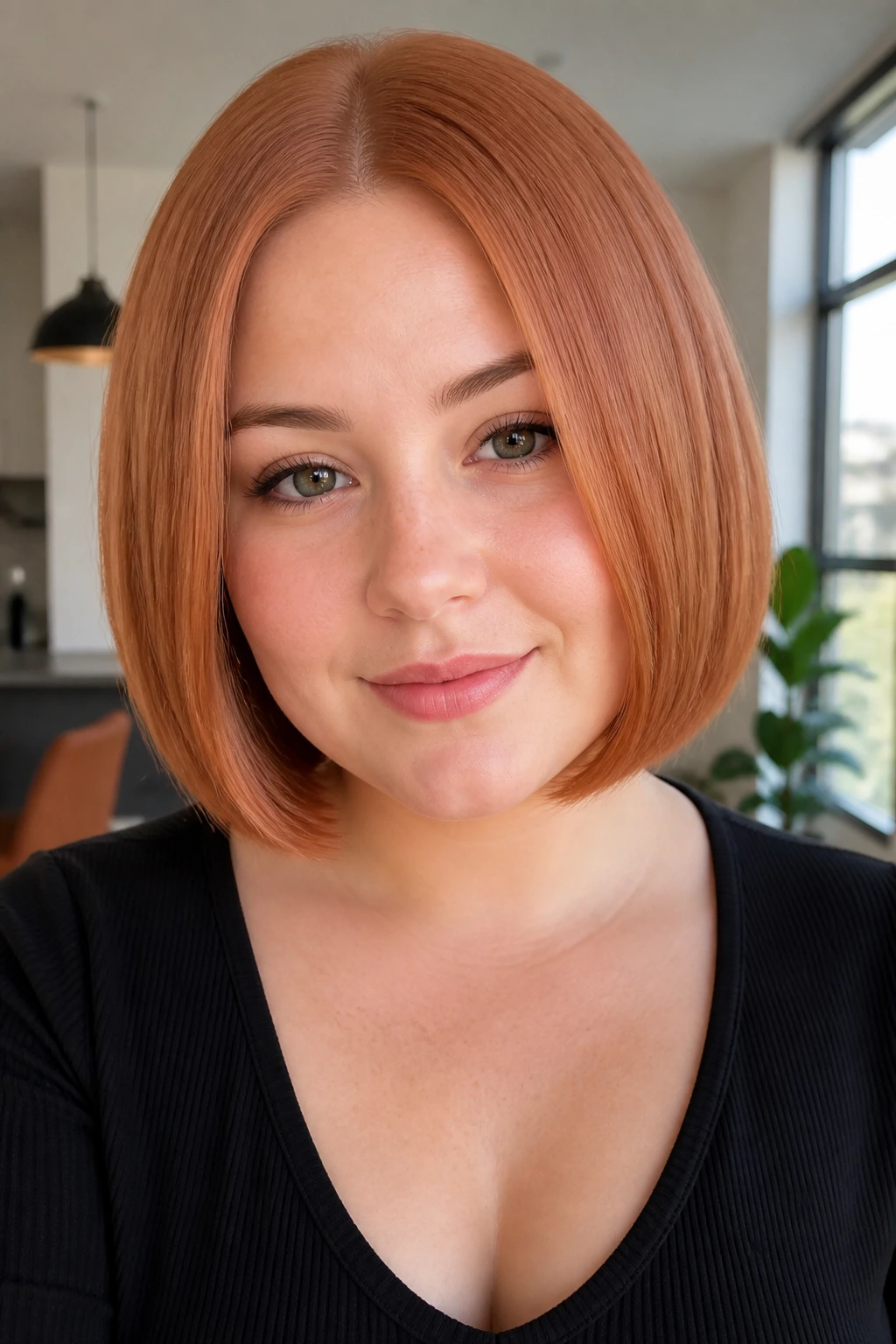 Portrait of a woman with sleek center-part strawberry bob.