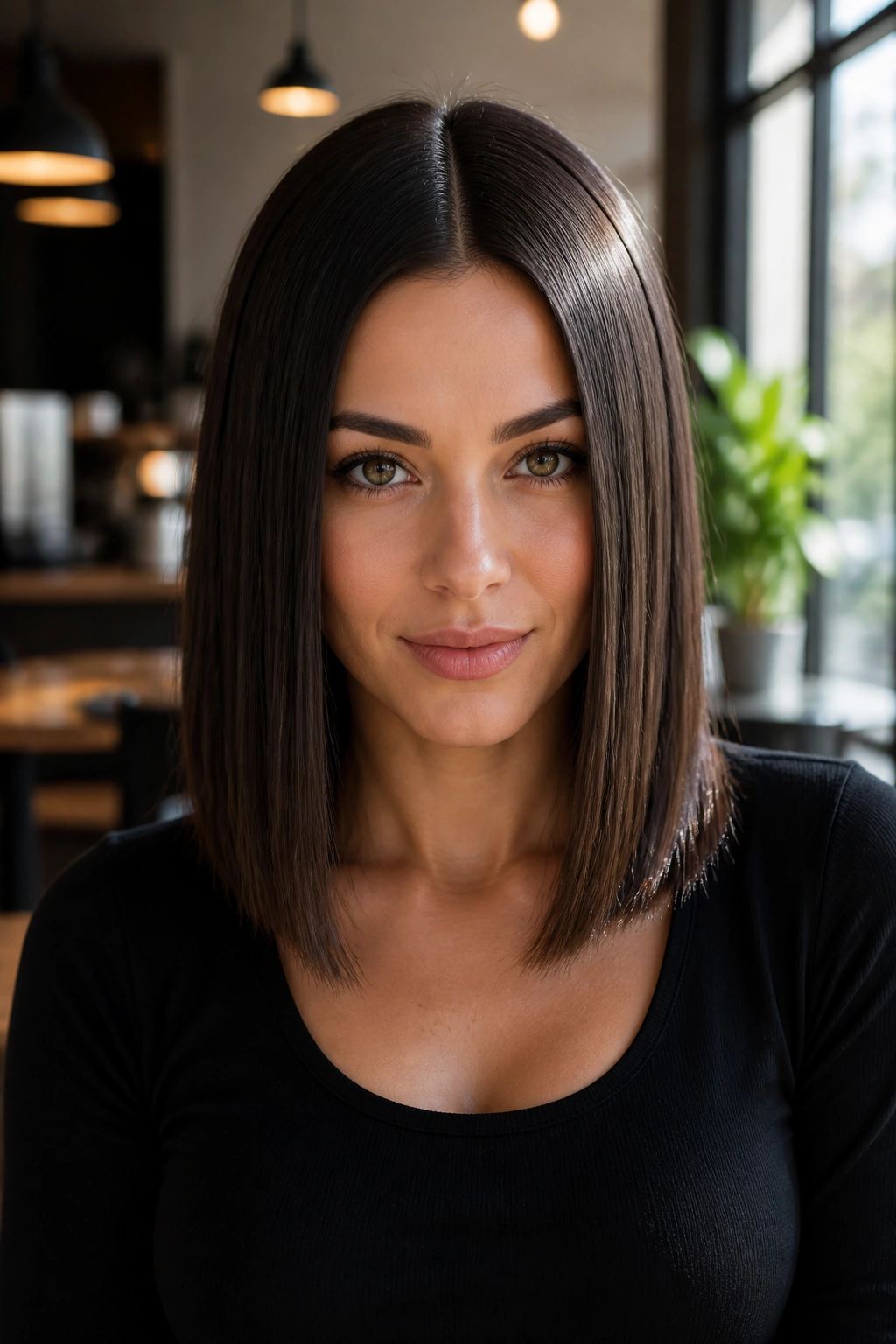 Portrait of a real woman with a sleek center-part lob.