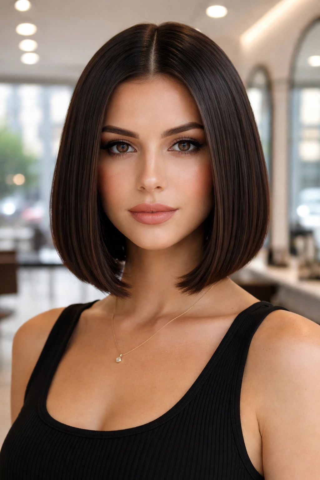 Close-up of a real woman with a sleek center-parted bob.
