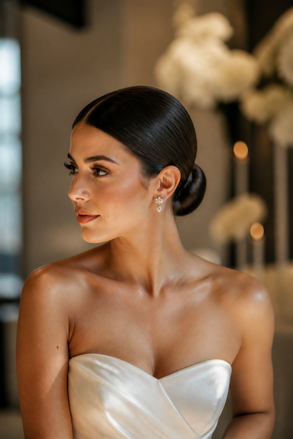 Bride with sleek center-part chignon and glossy bun