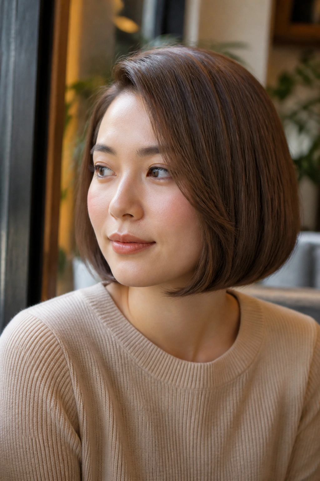 Close-up of a real woman in a sleek chin-length bob with side sweep.