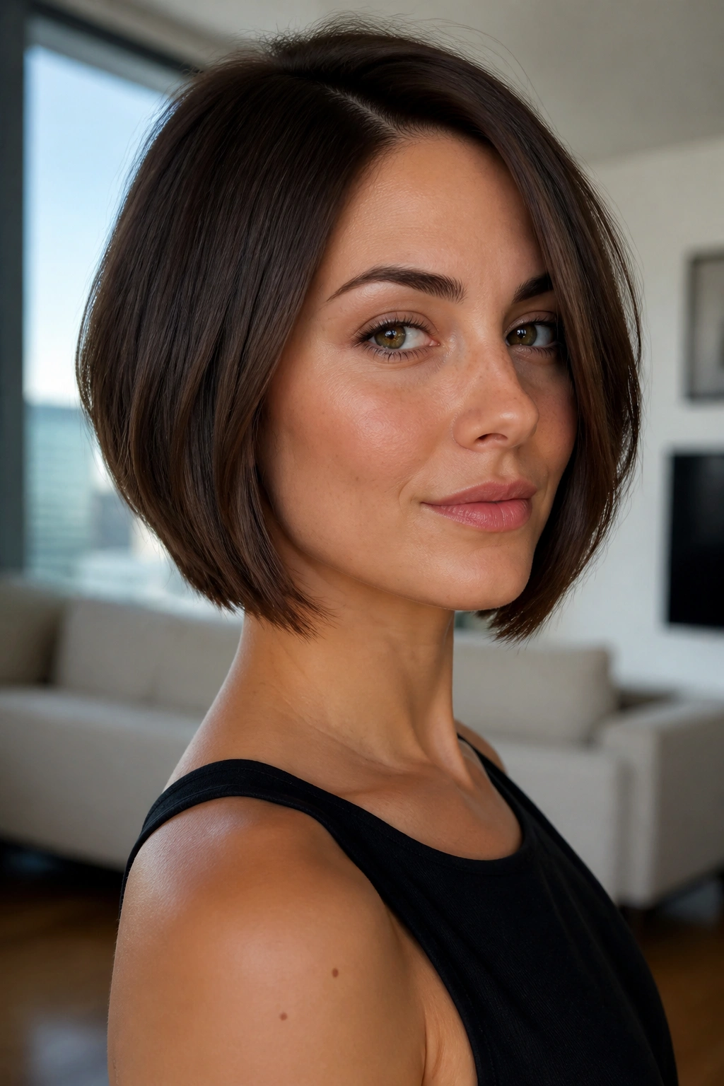 Real woman with sleek choppy bob and beveled ends in natural light