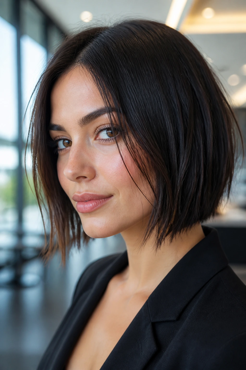 Close-up portrait of a real woman with a sleek choppy bob and gritty ends in office daylight