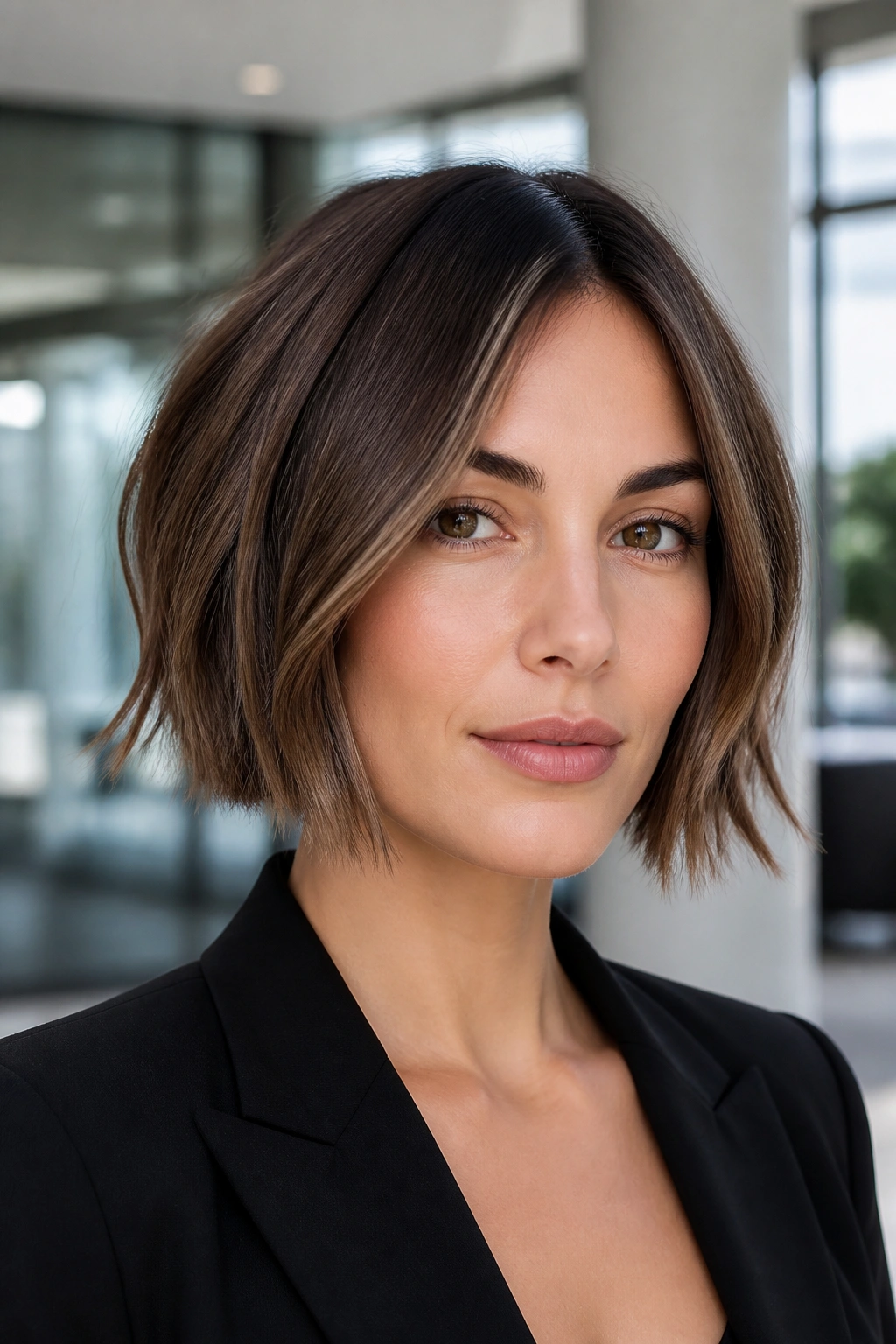 Portrait of a woman with sleek choppy bob and piecey ends