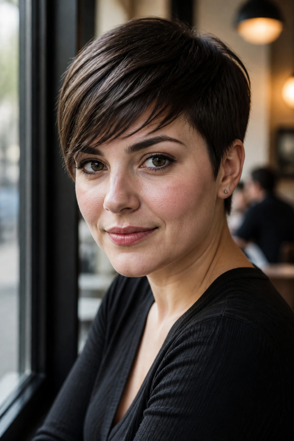 Real woman with sleek crop and sweeping fringe in natural light.