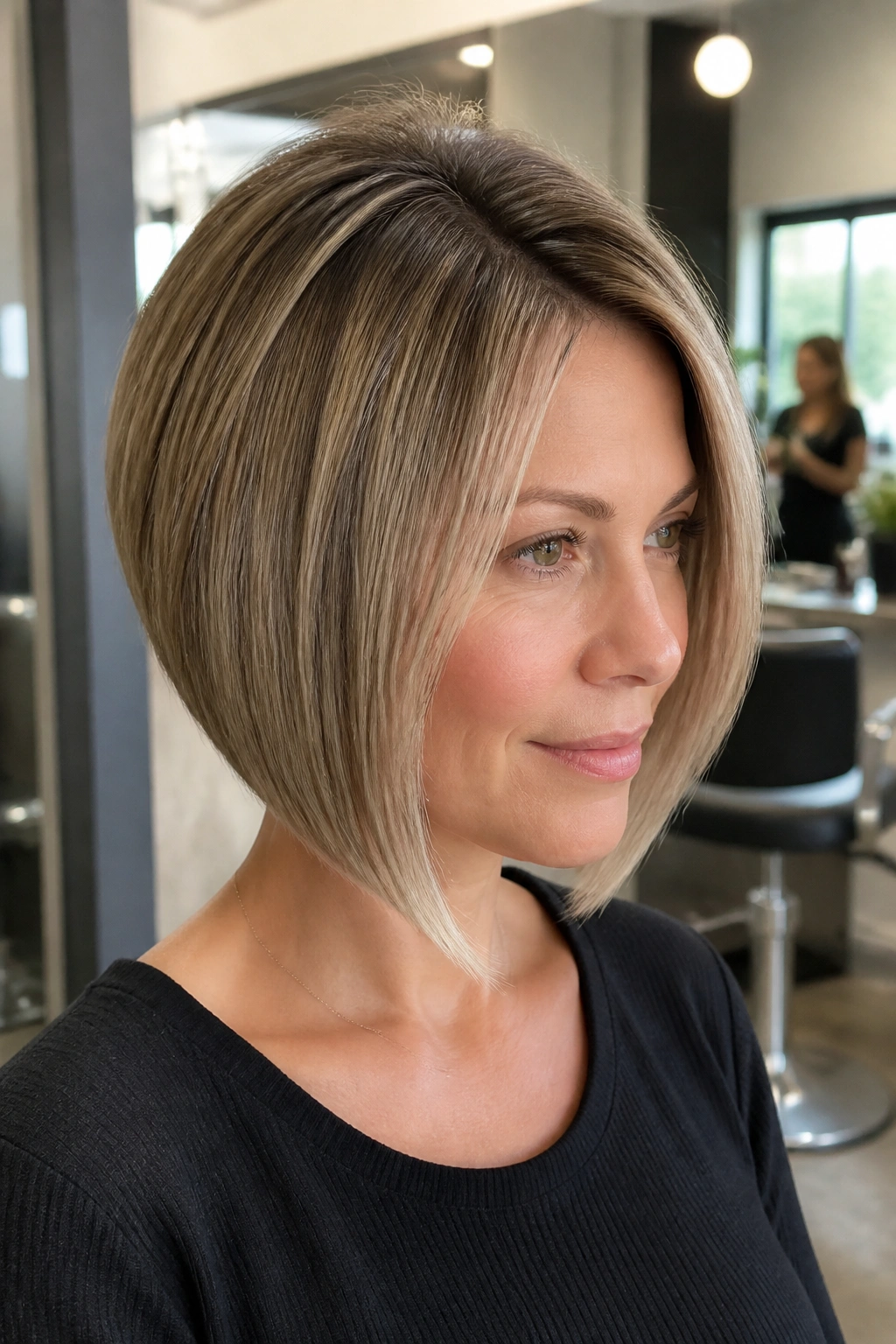 Close-up portrait of a real woman with a sleek beveled bob and crown texture in natural salon light