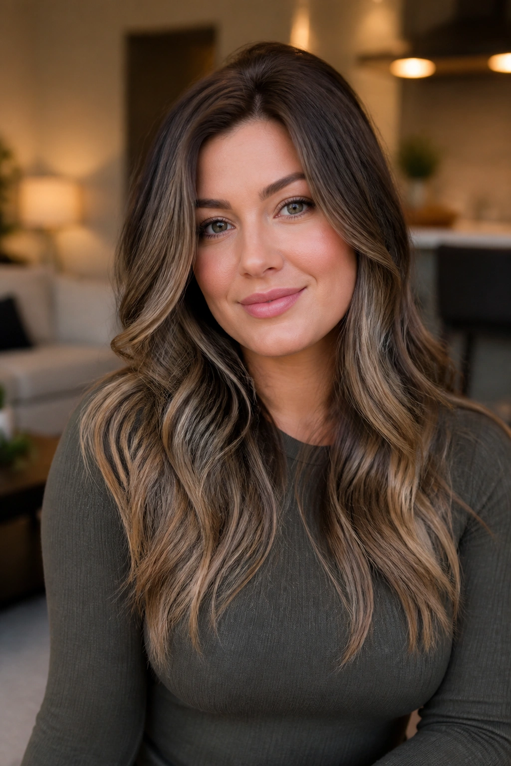 Close-up portrait of a real woman with a sleek crown and textured length hair.