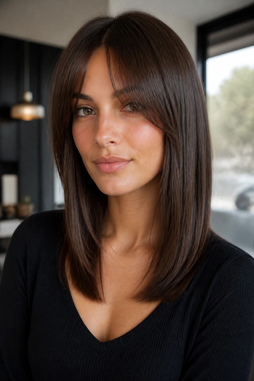 Real woman with sleek curtain bangs and minimal layers in a modern interior