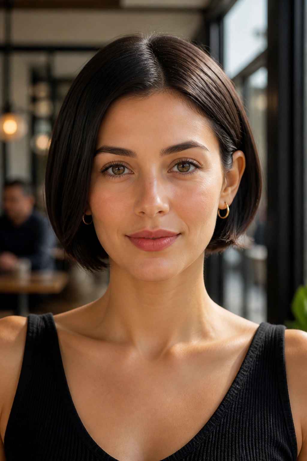 Portrait of a real person with a sleek ear-length bob in daylight at a cafe.