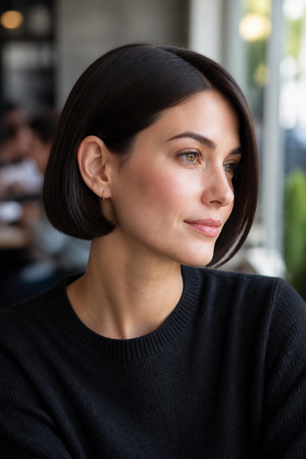 Portrait of a real person with a sleek ear-length bob in natural daylight