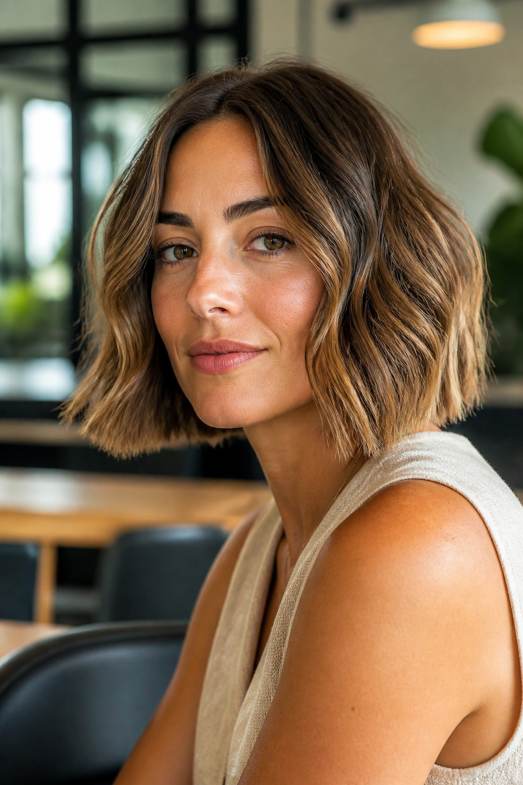 Close-up of a real woman with sleek ends and soft waves in a bob