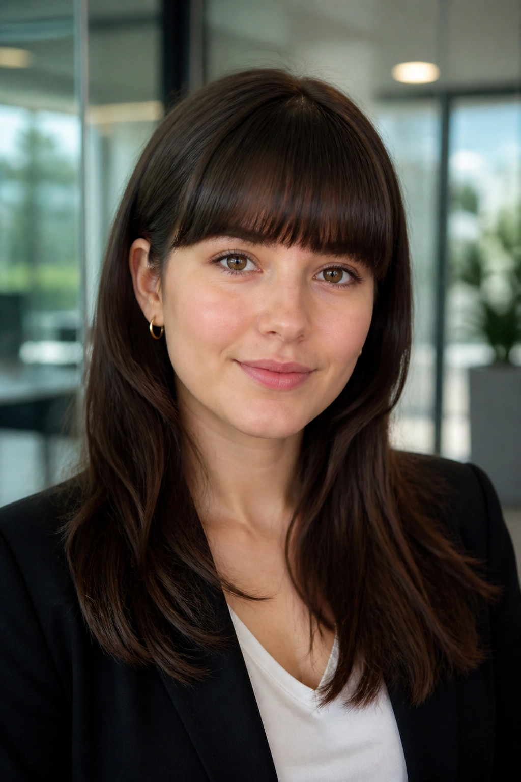 Close-up portrait of a real person with sleek flat bangs on medium-density hair in a bright lobby