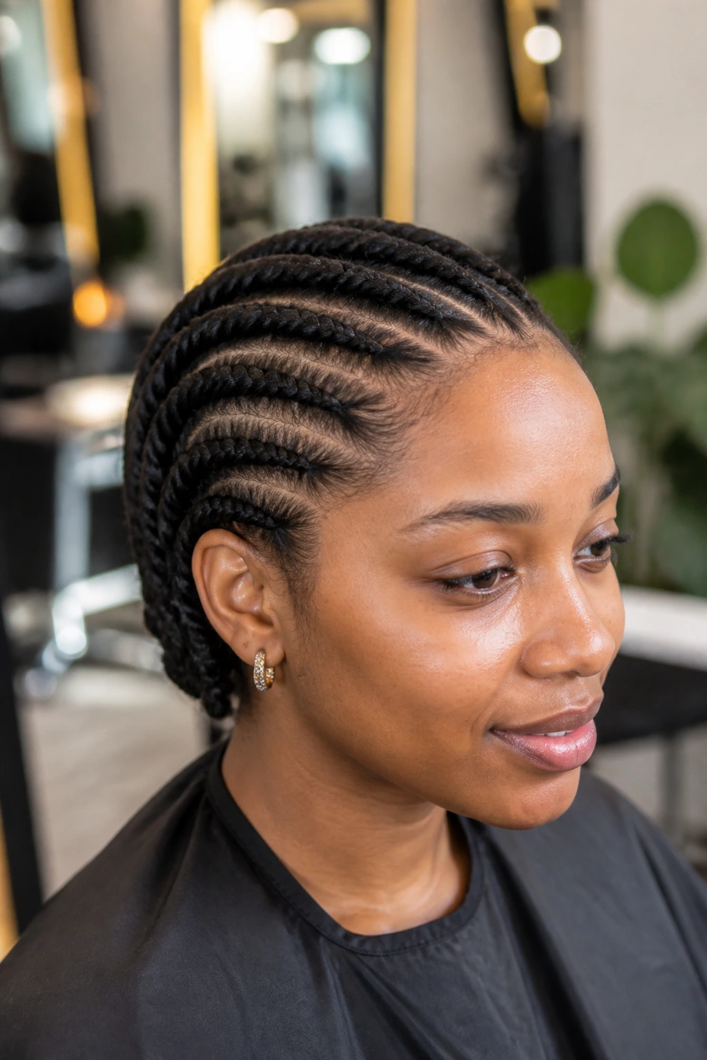 Close-up of a real person with sleek flat twists along the scalp