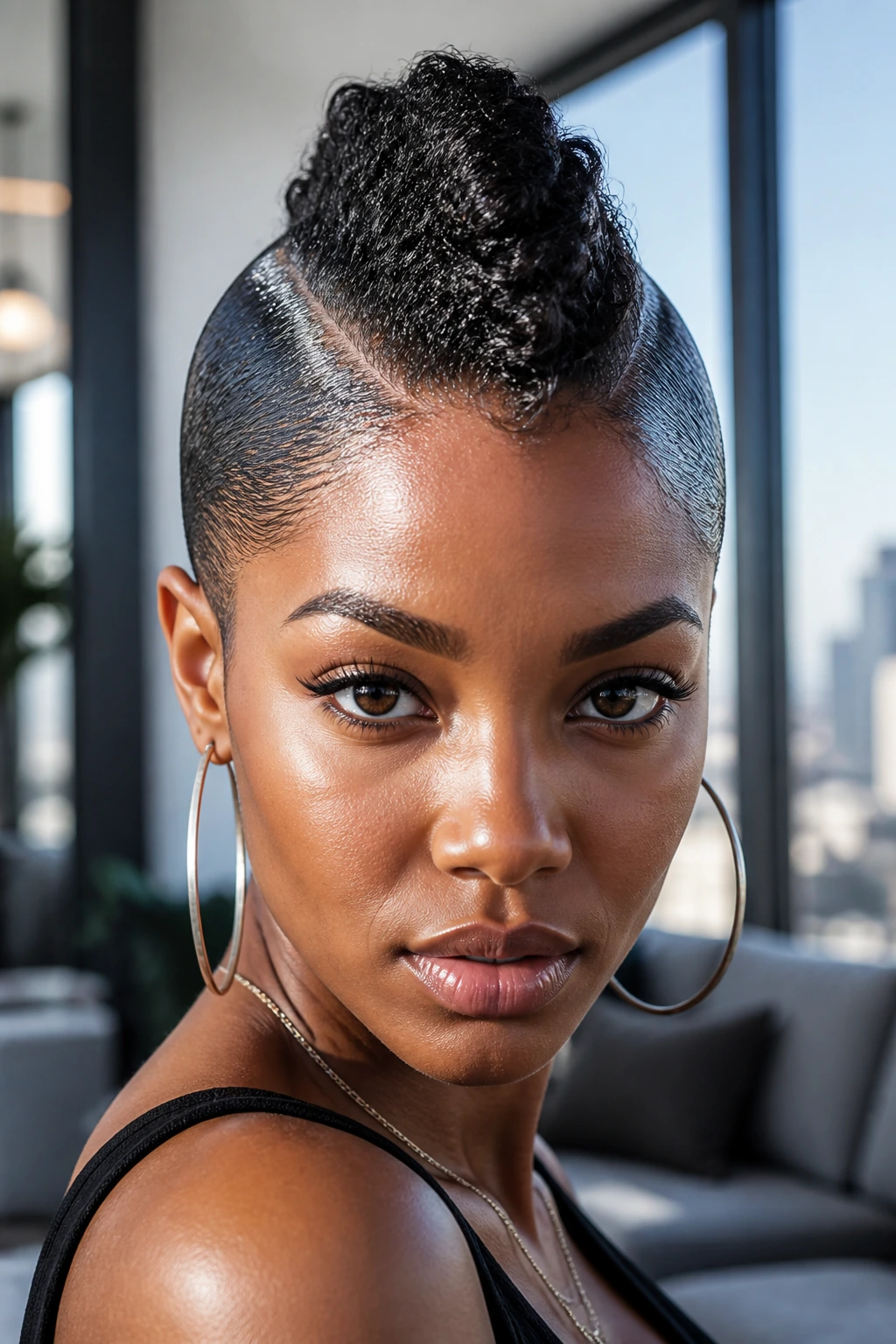 Close-up of a real person wearing a sleek gel-down frohawk