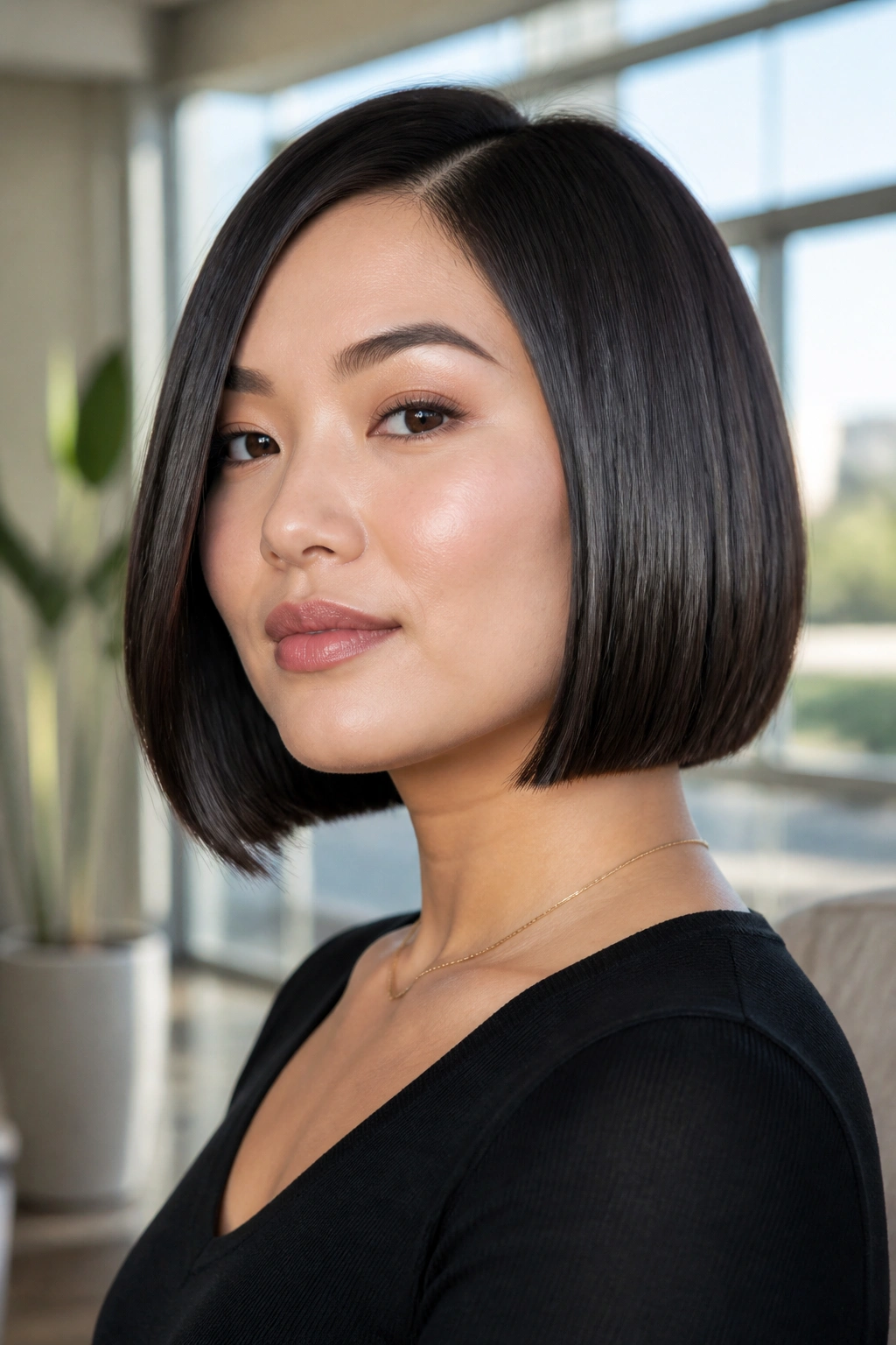 Close-up of a real woman with a sleek glass bob, featuring crisp, glossy ends.