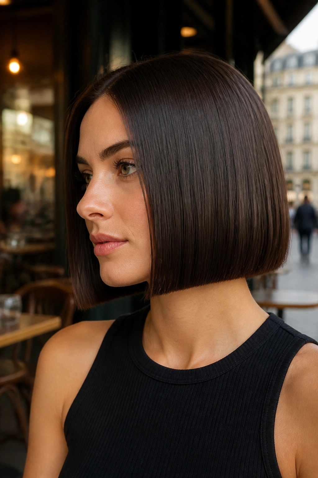 Real woman with sleek glass bob under cafe window light
