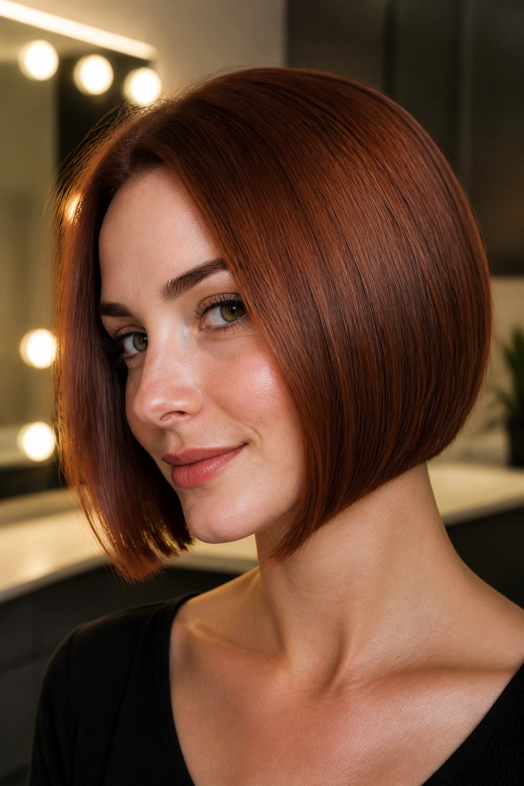 Close-up of a real person with a sleek glass bob in deep auburn copper