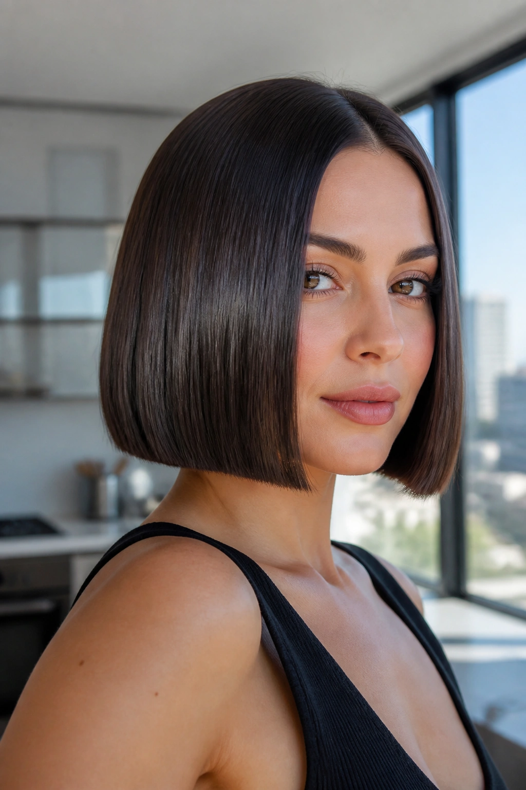 Portrait of woman with sleek deep brunette glass bob.