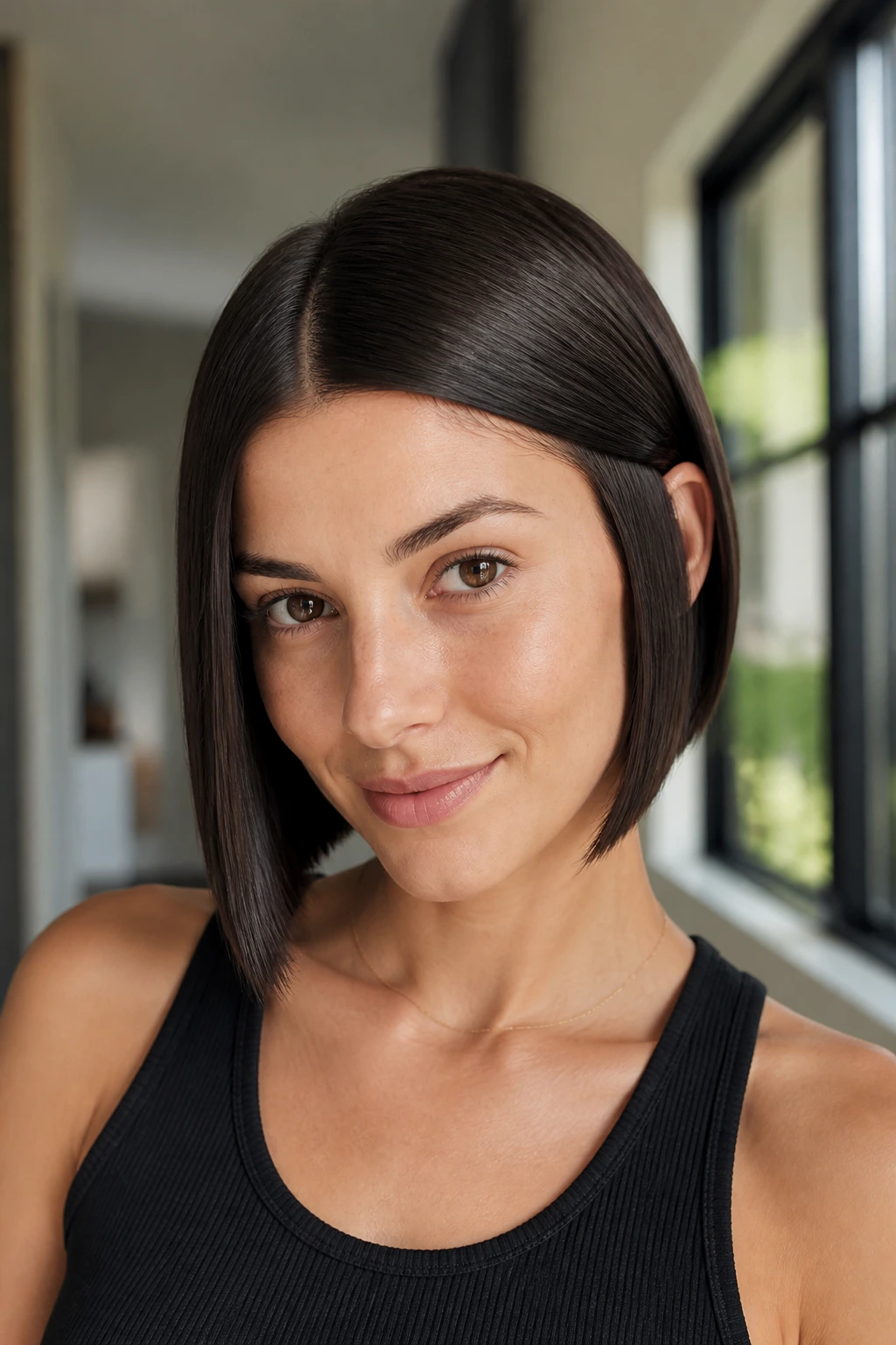 Portrait of a real woman with a sleek glass bob featuring a hidden diagonal behind the ear.