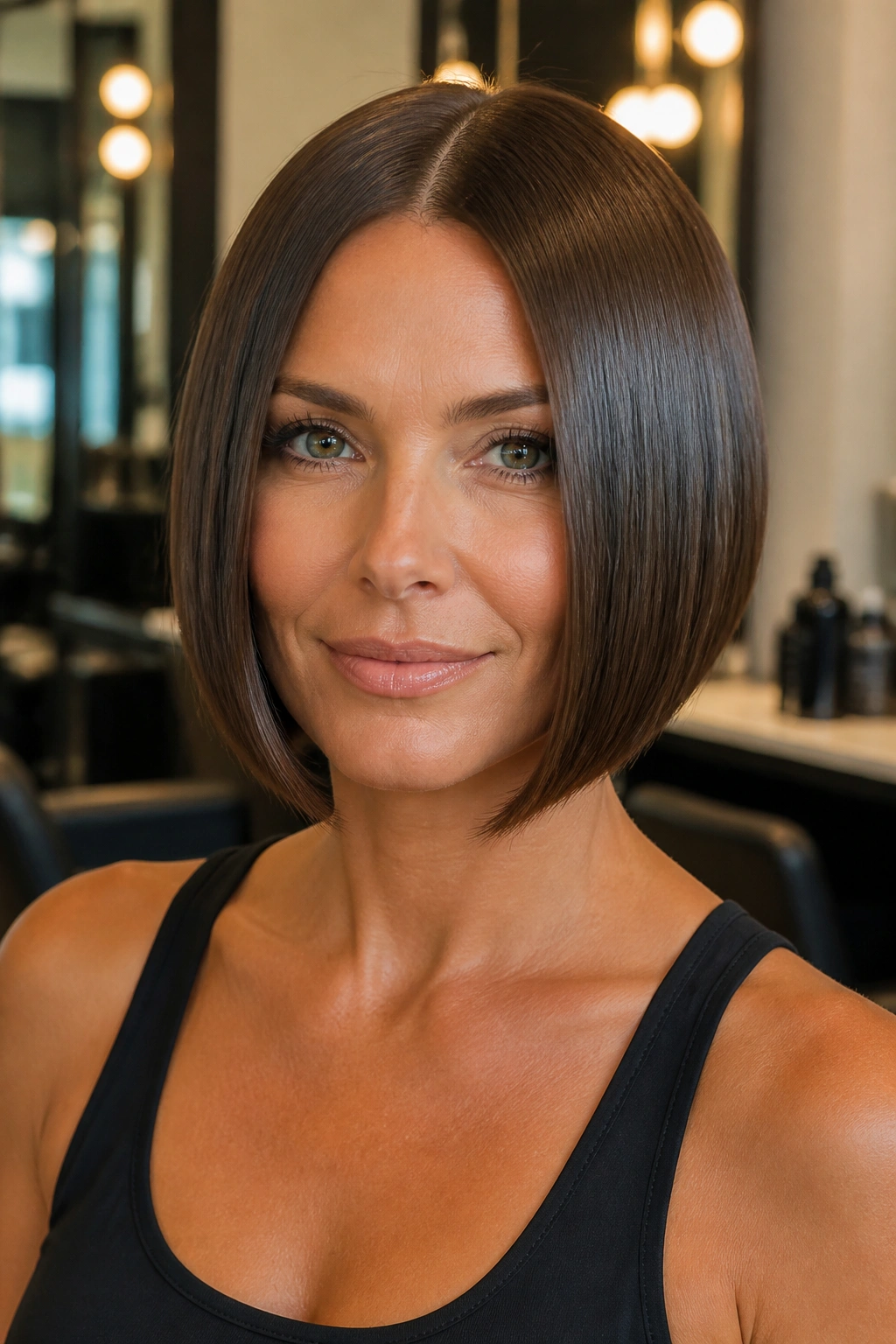 Close-up portrait of a real woman with Sleek Glass Bob hairstyle.